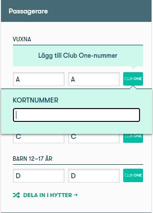 Fyll i passagerares Club One-nummer i onlinebokningen